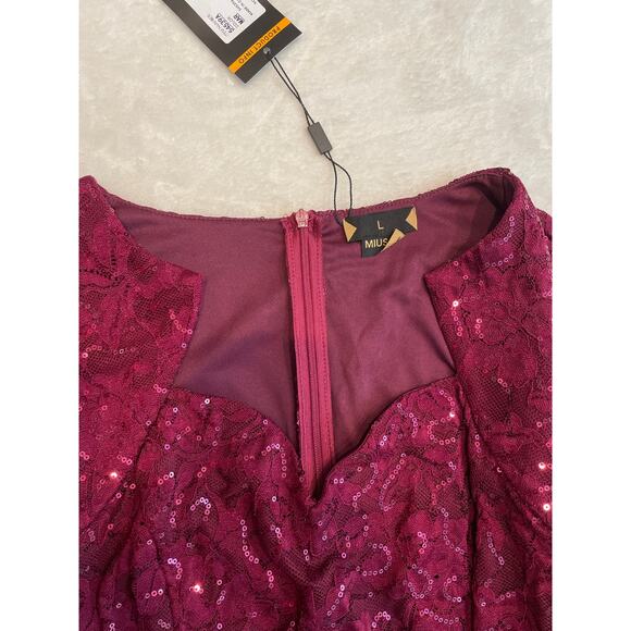 NWT MIUSOL Sequin Party Cocktail Midi Dress L Sweetheart Neck Cap Sleeve Maroon - Picture 7 of 13
